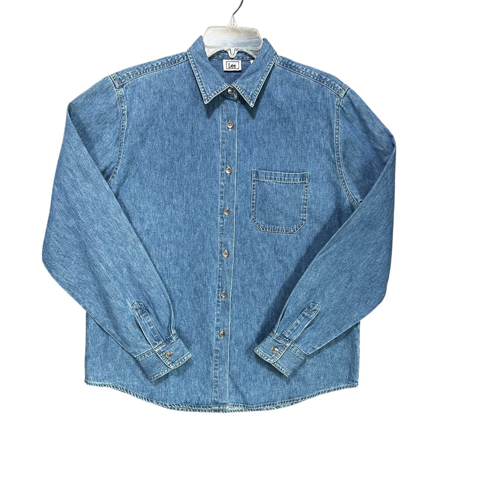 VTG 90s Lee Sears Stonewash Denim Button Down Shirt Womens M Blouse Top Deastock
